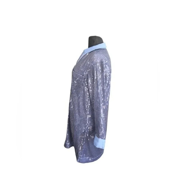 Pilcro Long-Sleeve Sequin Mini Shirt Blue Dress. | X Small - Picture 7 of 10